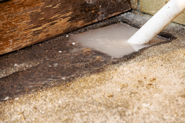 Dirty white water flows on a cement surface of a back yard of a house due to pipe blockage. Ecology and environment issue.
